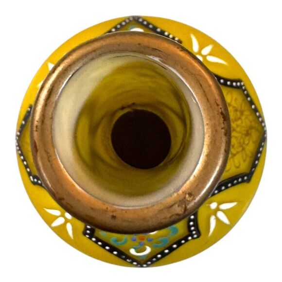 Antique Webb Moroccan Yellow Glass Vase Set Hand-Painted Floral Glows Orange - Picture 5 of 13